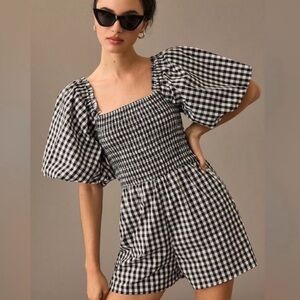 Anthropologie x Self Contrast Puff Sleeve Gingham Black White Smocked Romper XS